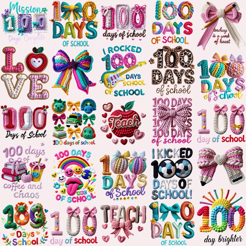 100 dagar av skolan PNG-paket fuskgarnvirkning 100 dagar ljusare lär kärleksarbete av hjärta kokett rosett mysig realistisk stickning PNG sublimering bild 1