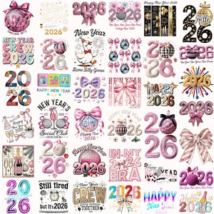 Puede incluir: Una colección de gráficos con temática de Año Nuevo con el año 2026. Los diseños incluyen lazos, bolas de discoteca, botellas de champán y texto de celebración. Los colores incluyen rosa, dorado y negro.