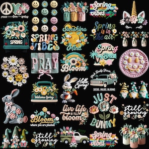 May include: A collection of spring-themed decorative items on a black background. The items include floral arrangements, smiling faces, bunnies, trucks with flowers, and text such as "Spring Vibes", "Bloom", and "Hello Spring".