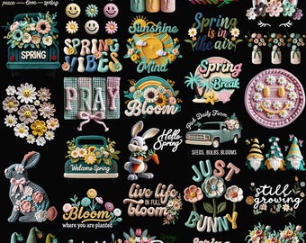 Spring Png Bundle Faux Yarn Spring Vibes Blooms Floral Bunny Gnomes Still Growing Crochet Knit Welcome Spring Break Sublimation Designs