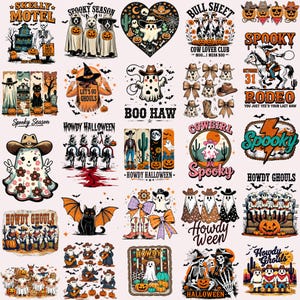 May include: A collection of Halloween-themed designs featuring ghosts, cowboys, pumpkins, and the text "Skelly Motel", "Spooky Season", "Boo Haw", and "Howdy Halloween". The designs are in various styles, including cartoon and vintage.