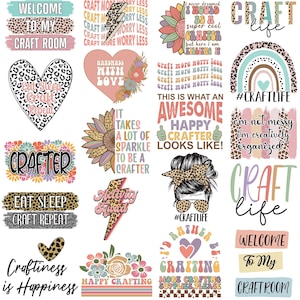May include: A collection of colorful craft-themed designs with text like "Welcome to my Craft Room," "Craft Life," and "Happy Crafter." The designs include hearts, rainbows, sunflowers, and lightning bolts, all with a leopard print pattern.