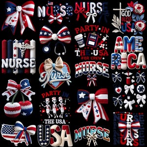 Nurse 4th of July Png Bundle Faux Yarn Coquette Bow USA Flag Quilted Cottagecore Patchwork Patriotic Red White American Nurse God Bless USA