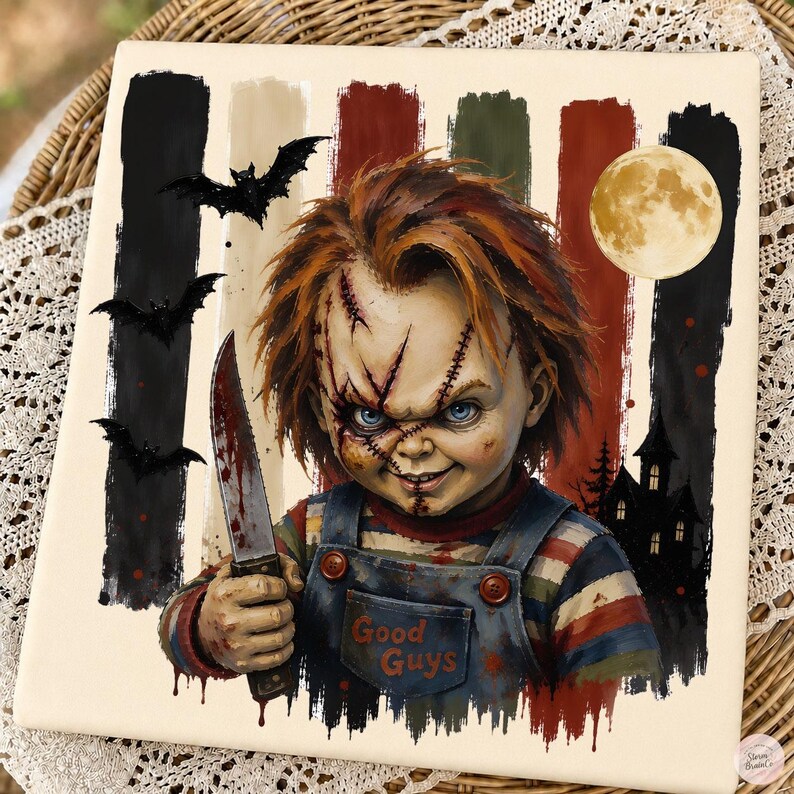 May include: A square decorative tile featuring a graphic illustration of a doll with messy orange hair, facial scars, and blue eyes. The doll wears blue overalls with the text Good Guys and holds a knife. Background includes bats and a moon.