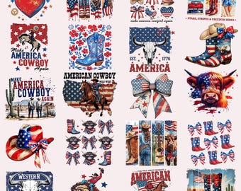 Western 4th Of July Png Bundle Howdy American Cowboy Rodeo Coquette Bow Party In The USA Flag Cowgirl Wild West Preppy Vintage PNG Designs