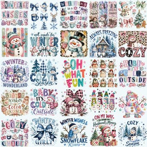 May include: A collection of twenty-five winter-themed digital designs featuring snowmen, penguins, pine trees, and holiday text like 'Winter Wonderland' and 'Baby It's Cold Outside' in various colorful, festive, and patterned graphic styles.