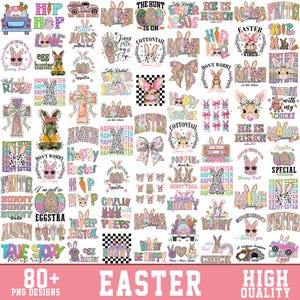 May include: A collection of 80+ Easter-themed digital designs featuring bunnies, eggs, and other spring-related imagery. The designs are in a variety of styles, including cartoon, whimsical, and modern. The designs are perfect for creating t-shirts, mugs, tote bags, and other personalized items.