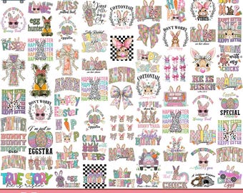 Pacote com mais de 80 PNGs de Páscoa: Retrô, Feliz Páscoa, Coquete, Laço, Versículo Bíblico, Marshmallows, Mamãe Coelhinha, Vibrações de Páscoa, História Real, Ele Ressuscitou, Hip Hop, Páscoa