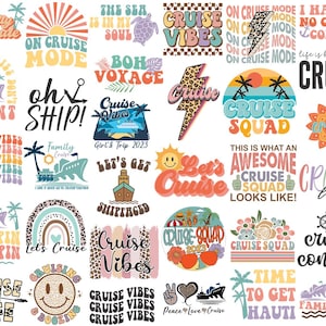 Puede incluir: Una colección de gráficos coloridos de estilo retro con frases e imágenes temáticas de cruceros. Los diseños incluyen frases como "Cruise Vibes", "On Cruise Mode" y "Cruise Squad", junto con ilustraciones de barcos, puestas de sol y palmeras.