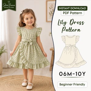 May include: A sewing pattern for a Lily Dress featuring a sage green floral fabric with ruffled sleeves, a waist tie, and a ruffled hem. The digital file includes the text Storm Brainco Sewing Patterns, Instant Download PDF Pattern, Lily Dress Pattern, 06M-10Y, and Beginner Friendly.
