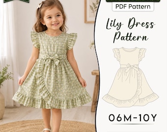 Dress Pattern For Kids Girls Wrap Dress Ruffle Sleeves Toddler Dress Pattern, Easy Summer Sundress DIY Sewing Tutorial Sizes 6M-10Y