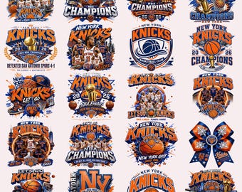May include: A collection of twenty graphic designs featuring the New York Knicks basketball team, including championship imagery, player illustrations, basketballs, hoops, trophies, and the text New York Knicks, 2026 NBA Champions, and Let's Go Knicks.