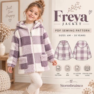 May include: A PDF sewing pattern for the Freya Jacket, featuring a hooded, zip-up design with a purple and white plaid fleece texture. The pattern includes sizes from 6 months to 10 years, with A4 and US letter size options and a step-by-step guide.