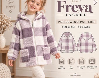Patron de couture pour veste fille, patron PDF de veste polaire fille, patron de manteau d'hiver à capuche et fermeture éclair pour tout-petit, facile à coudre pour débutants (6-10 ans).
