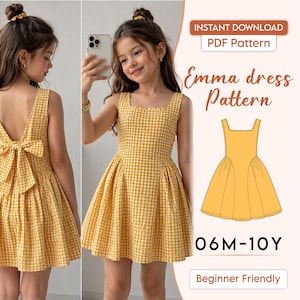 May include: A yellow and white gingham dress with a square neckline and a large bow on the back. The image includes text reading "INSTANT DOWNLOAD PDF Pattern", "Emma dress Pattern", "06M-10Y", and "Beginner Friendly" alongside a technical sketch.