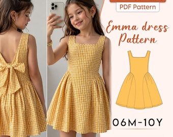 Patron de robe pour enfant avec nœud dans le dos (PDF), tutoriel facile pour coudre une robe d'été pour bébé, tailles 6 mois à 10 ans.