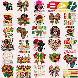 Peut inclure: Une collection de motifs numériques colorés présentant diverses images et textes liés au Juneteenth. Les motifs comprennent un cœur, un papillon, un poing, un nœud, une paire de baskets et un continent africain. Le texte comprend "Juneteenth", "Briser chaque chaîne", "Entrez dans Juneteenth", "Doper sans vergogne", "Dieu dit qu'elle est", "Histoire Culture Excellence Respect Juneteenth", et "Ils ne nous aiment pas".