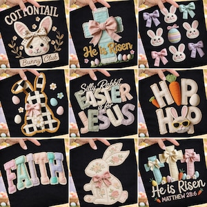 Puede incluir: Una colección de bolsas de mano negras con diseños temáticos de Pascua. Los diseños incluyen conejitos, cruces, lazos y las frases "Cotton Tail Bunny Club", "He is Risen", "Silly Rabbit Easter is for Jesus", "Hip Hop Ho" y "Faith".