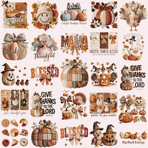 Op de afbeelding: Een collage van herfstthema-illustraties met pompoenen, kalkoenen en bladeren. Tekst bevat "Thankful", "Blessed" en "Give Thanks to the Lord". Het kleurenpalet is warm, met oranje, bruin en crème.