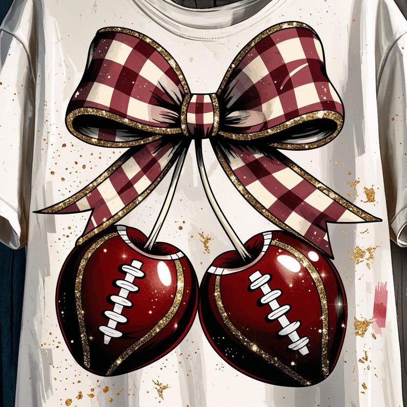 May include: White t-shirt featuring a whimsical design of two cherries styled as footballs, complete with white laces and a gold glitter outline. A large, plaid bow with gold trim sits above the cherries, creating a playful and unique graphic.