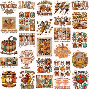 Puede incluir: Una colección de diseños digitales con temática otoñal con calabazas, pavos y la palabra "Teacher". Los diseños incluyen lazos, lápices y las frases "Gobble Gobble", "All Booked for Fall" y "One Thankful Teacher."