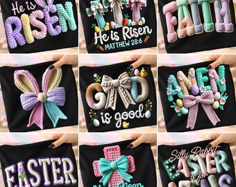Christian Easter PNG Bundle Faux Yarn He Is Risen Coquette Bow Jesus Bible Verse Latch Hook Be Hoppy Easter Day Silly Rabbit PNG Sublimation