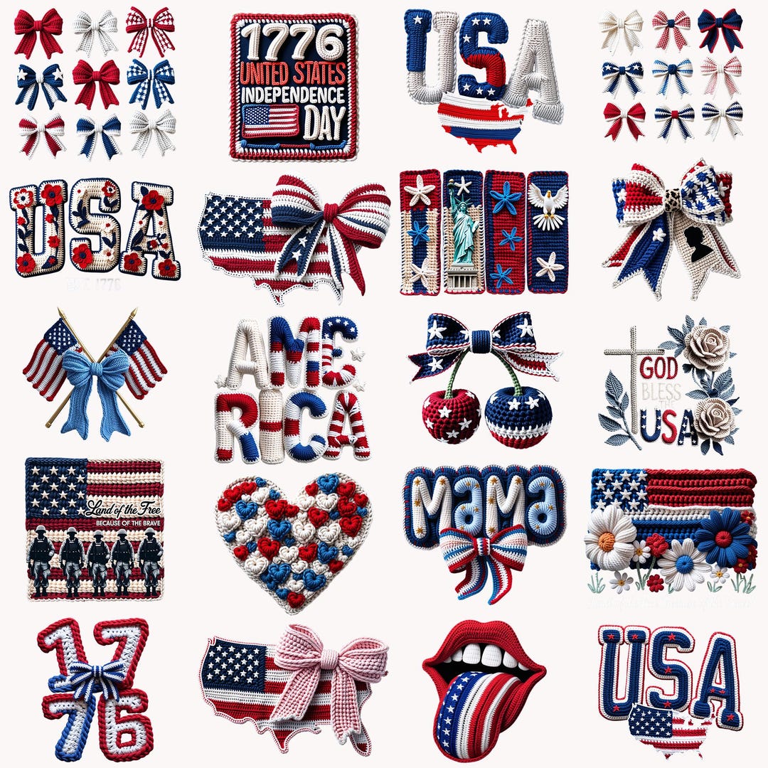 4th of July PNG Bundle Faux Yarn USA Flag Coquette Bow Freedom ...