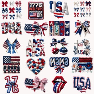 May include: A selection of red, white, and blue crochet items, including bows, the word "USA", and the American flag. Other items include the words "AMERICA" and "MAMA", and a crochet map of the USA.