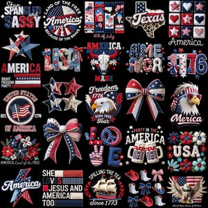 May include: A collection of patriotic designs with red, white, and blue colors. The image includes text such as "America," "1776," and "Texas," along with stars, bows, and an eagle. The designs are suitable for the 4th of July.
