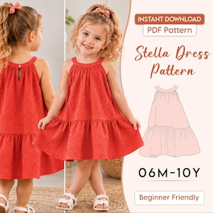 Puede incluir: Un patrón de costura digital para un vestido sin mangas con falda escalonada, con el texto 'INSTANT DOWNLOAD PDF Pattern', 'Stella Dress Pattern', '06M-10Y' y 'Beginner Friendly'. El diseño muestra un vestido rojo texturizado.