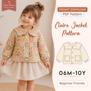 Puede incluir: Un patrón de costura digital para la chaqueta Claire, con tela floral acolchada, cuello festoneado, mangas largas con puños y dos bolsillos delanteros. El patrón incluye texto para descarga instantánea, tallas 06M-10Y y es para principiantes.