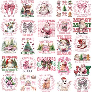 Puede incluir: Una colección de gráficos con temática navideña con varios diseños. Las imágenes incluyen a Papá Noel, lazos, árboles de Navidad y texto como "Christmas Girly", "Holly Jolly" y "Candy Cane". La paleta de colores es principalmente rosa y verde.