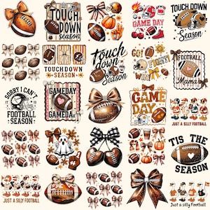 May include: A collection of football-themed graphics, including footballs, helmets, bows, and text such as "Touchdown Season" and "Game Day." The designs feature a mix of colors and styles, suitable for various craft projects.