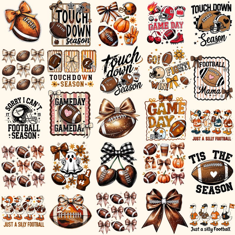 May include: A collection of football-themed graphics, including footballs, helmets, bows, and text such as "Touchdown Season" and "Game Day." The designs feature a mix of colors and styles, suitable for various craft projects.