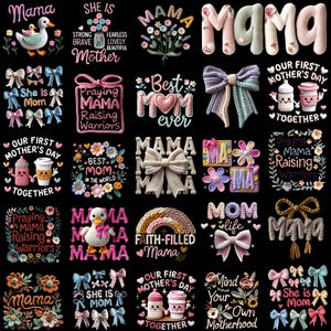 Puede incluir: Una colección de diseños con temática del Día de la Madre sobre un fondo negro. Los diseños incluyen texto como "Mama", "Best Mom Ever" y "Our First Mother's Day". También hay imágenes de lazos, flores y un pato.