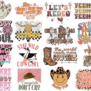 Peut inclure: Une collection de graphiques colorés sur le thème du western, avec des textes tels que "Chase Dreams Not Cowboys" et "Cowgirls Just Wanna Have Fun". Les motifs incluent des chapeaux de cowboy, des bottes et un visage souriant.