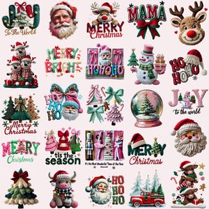 Könnte beinhalten: Eine Sammlung von Bildern zum Thema Weihnachten, darunter der Weihnachtsmann, Rentiere, Schneemänner, Weihnachtsbäume und festlicher Text. Die Bilder weisen verschiedene Farben wie Rot, Grün, Rosa und Weiß auf und sind in einem 3D-Stil gestaltet.