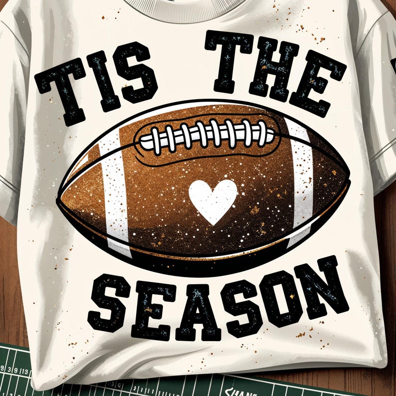 May include: Cream-colored t-shirt with a football graphic. The football is brown with white stripes and a white heart. The text "TIS THE SEASON" is in black, arched above and below the football.