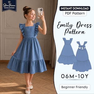 May include: A blue dress with ruffled sleeves and a tiered skirt, presented as an instant download PDF pattern titled Emily Dress Pattern for sizes 06M-10Y. The design features a square neckline and a back tie closure, shown in a technical illustration.