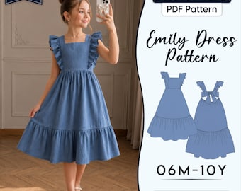 Girls Maxi Dress Sewing Pattern Ruffle Strap Tie Back Dress, Kids Tiered Dress Beginner Friendly Pinafore Open Back Toddler Sundress 06M-10Y
