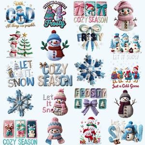 May include: A selection of winter-themed designs, including snowmen, snowflakes, and text such as "Cozy Season" and "Let it Snow." The designs are in a knitted or crocheted style, with blue, white, pink, and red colours. Some designs feature bows and Christmas trees.