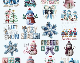 Könnte beinhalten: Eine Sammlung von Designs zum Thema Winter, mit Schneemännern, Schneeflocken und Texten wie "Cozy Season" und "Let it Snow". Die Designs sind im Strick- oder Häkelstil gehalten, mit blauen, weißen, rosa und roten Farben. Einige Designs enthalten Schleifen und Weihnachtsbäume.