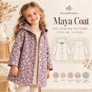 May include: A purple hooded coat with a white floral pattern, featuring a button-front closure. The image includes text for the Stormbrainco Maya Coat PDF sewing pattern, available in sizes 6 months to 10 years, with technical line drawings.