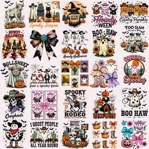 Könnte beinhalten: Eine Sammlung von Halloween-Grafiken mit Kürbissen, Geistern, Cowboys und gruseligem Text. Designs beinhalten einen Bullen mit einem Kürbis und den Text "Howdy Halloween."