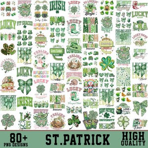 May include: A collection of 80+ St. Patrick's Day themed digital designs featuring green shamrocks, bows, and text. The designs include phrases like "Lucky Vibes", "Howdy", "Irish", "Saint Patrick", and "Feeling Lucky".