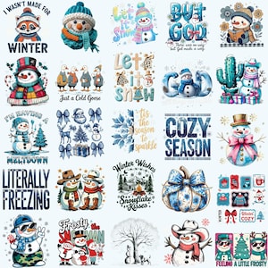 May include: A collection of winter-themed graphics featuring snowmen, animals, and seasonal text. Designs include phrases like "Cozy Season," "Winter Wishes," and "Let it Snow." The color palette includes blues, whites, and reds.