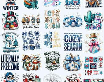 Könnte beinhalten: Eine Sammlung von Wintermotiven mit Schneemännern, Tieren und saisonalem Text. Designs beinhalten Sätze wie "Cozy Season", "Winter Wishes" und "Let it Snow". Die Farbpalette umfasst Blau-, Weiß- und Rottöne.