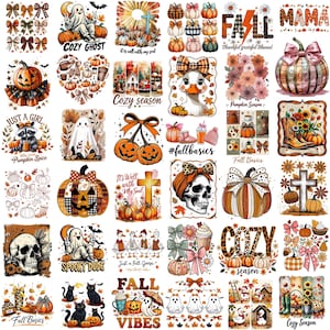 May include: A collection of fall-themed graphic designs featuring pumpkins, ghosts, bows, and seasonal text. Designs include phrases like "Cozy Ghost," "Fall Vibes," and "Just a Girl." The color palette includes orange, brown, and cream.