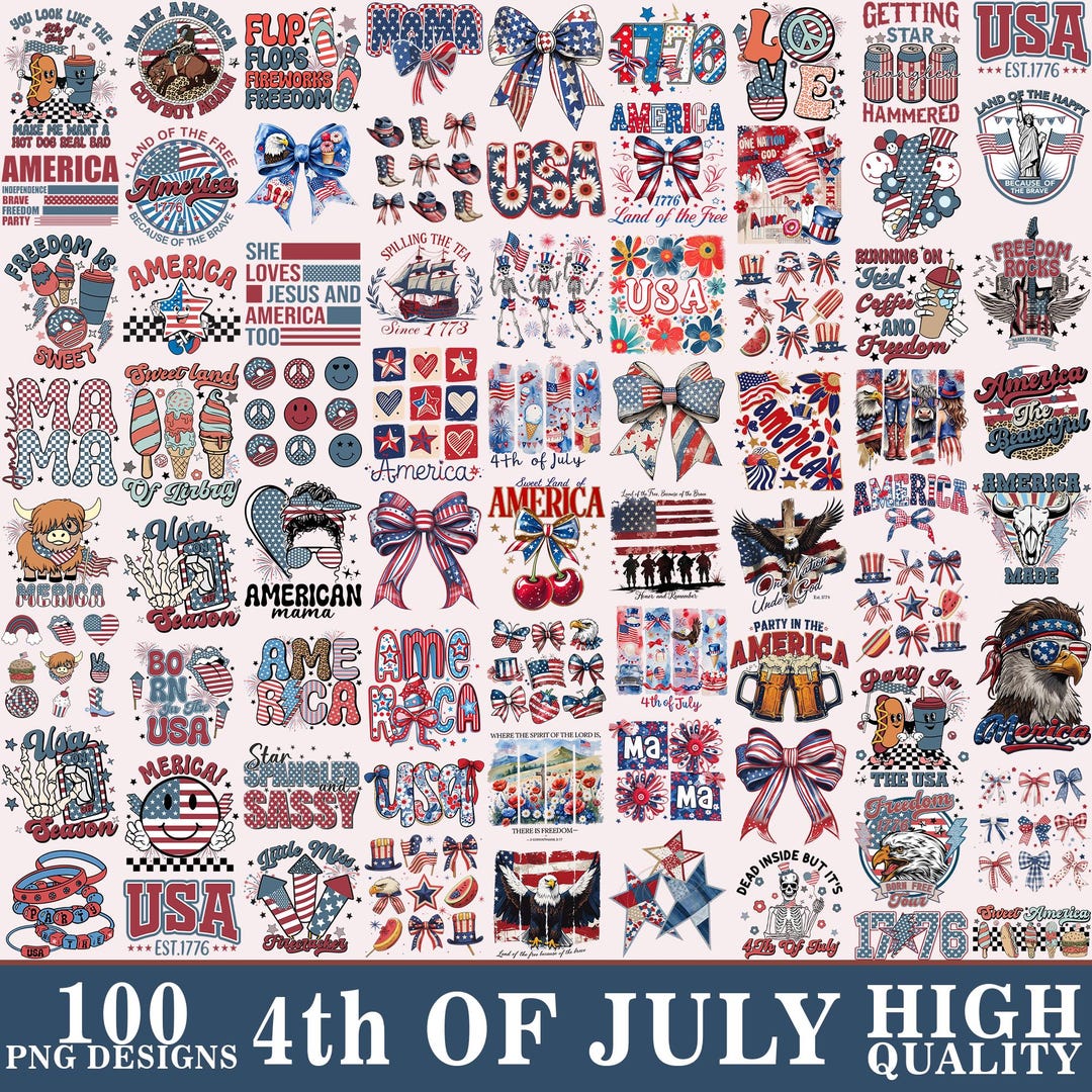 4th of July PNG Bundle USA Flag American Mama Coquette Bow Land of the ...