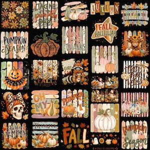 May include: A fabric print featuring a grid of autumn-themed illustrations on a black background, including pumpkins, sunflowers, a skull with a leopard print bow, a raccoon, a goose, and text like Pumpkin Season, Give Thanks, and Fall.